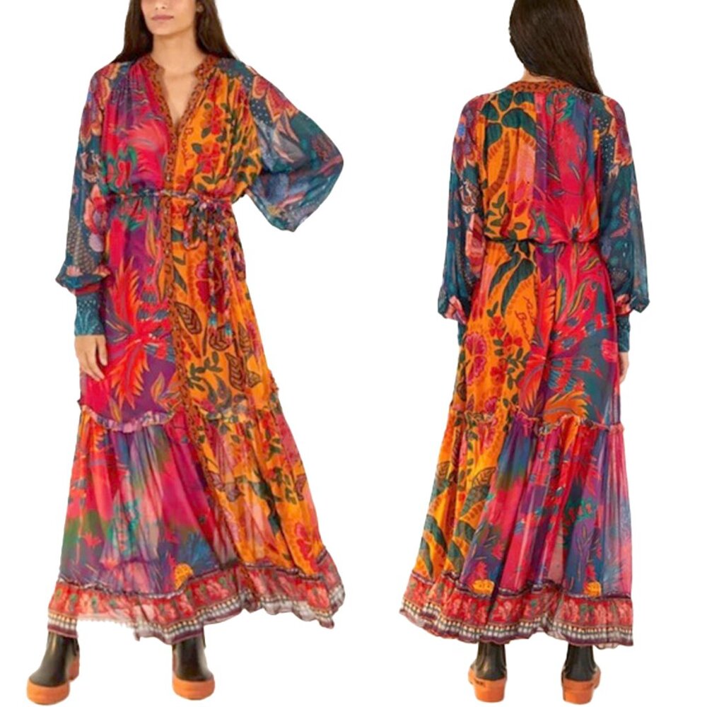 FARM RIO Mixed Prints Button Down Maxi Dress In Mix Print - Picture 2 of 16